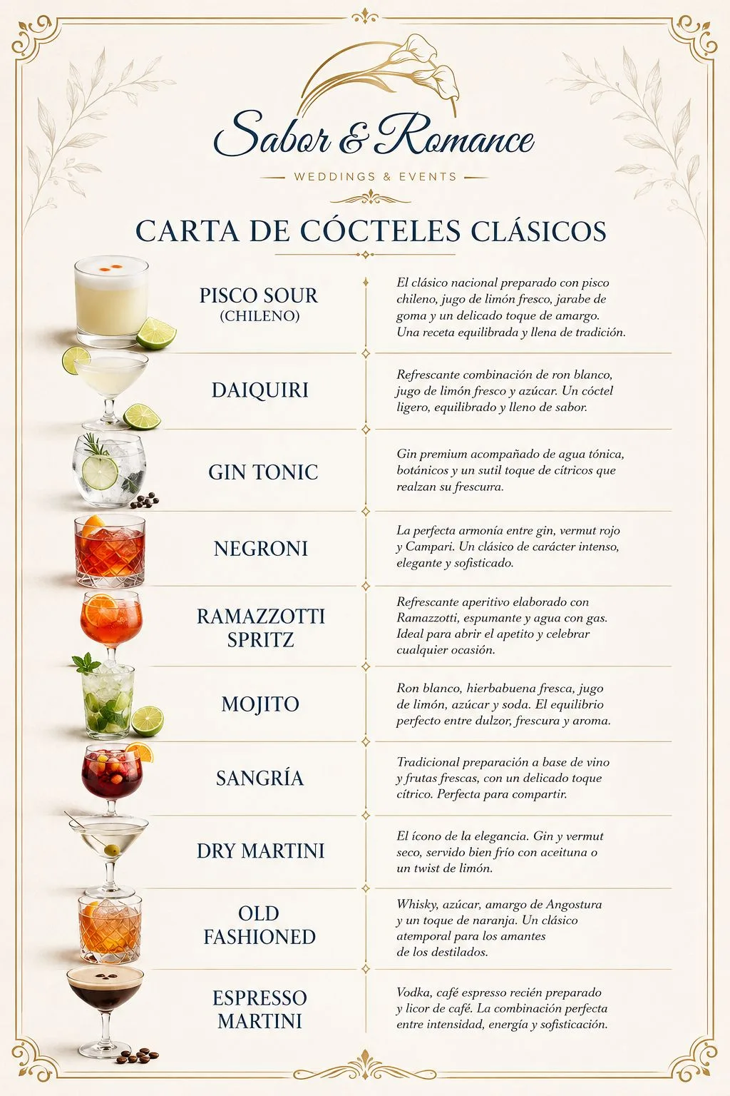 Carta de cócteles clásicos: Pisco Sour chileno, Daiquiri, Gin Tonic, Negroni, Ramazzotti Spritz, Mojito, Sangría, Dry Martini, Old Fashioned y Espresso Martini